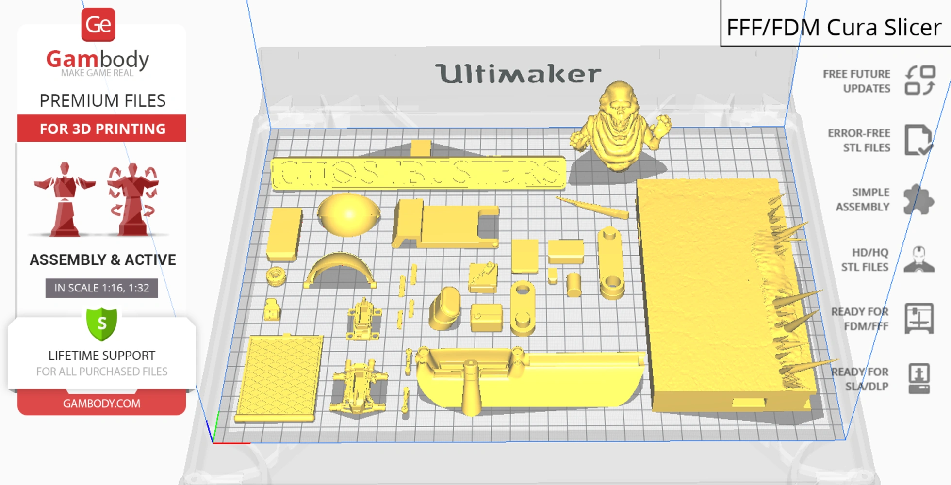 Ecto-1 3D model parts laid out on a grid for printing; includes Ghostbusters logo and details.