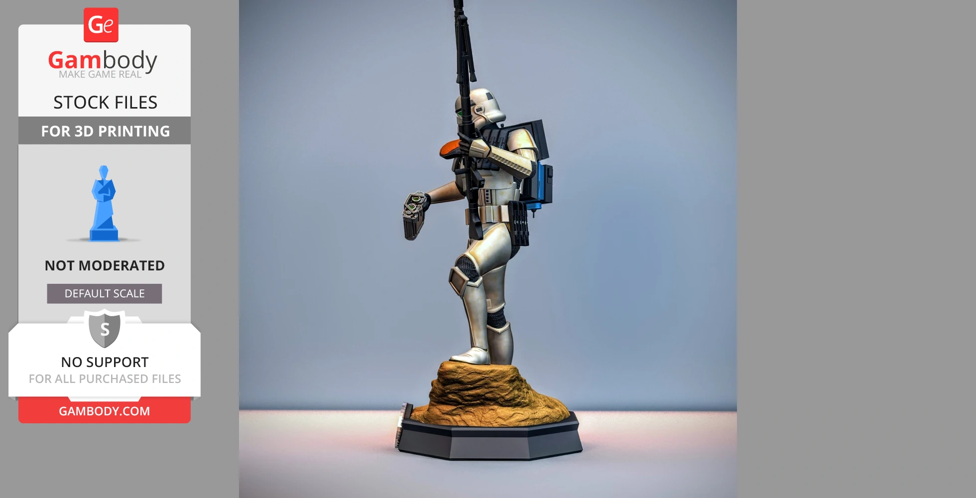 Armored figure in white suit holding a blaster, standing on a rocky base.