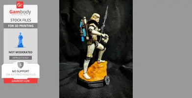 A detailed Sand Trooper figurine, in armor, stands on a rocky base, holding a blaster rifle.