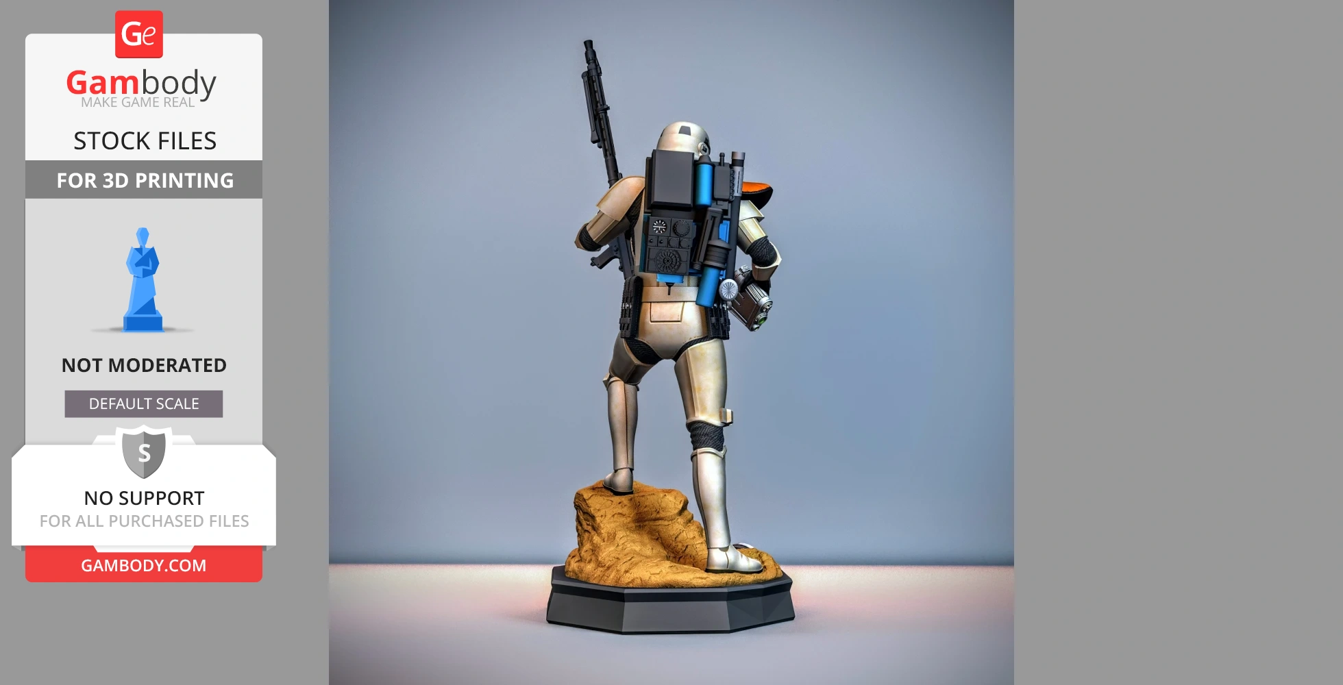 A 3D-printed Sand Trooper figurine stands on a rocky base, equipped with armor and a blaster.