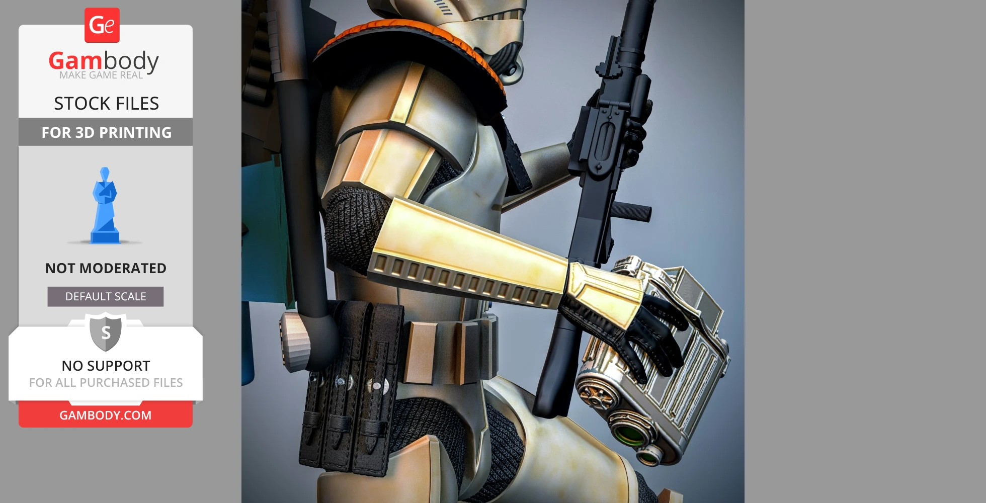 A detailed Sand Trooper figurine for 3D printing, holding a rifle and a piece of equipment.