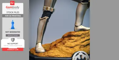 Futuristic armor-clad legs stand on a textured, rocky base with emblem detail, prepared for 3D printing.