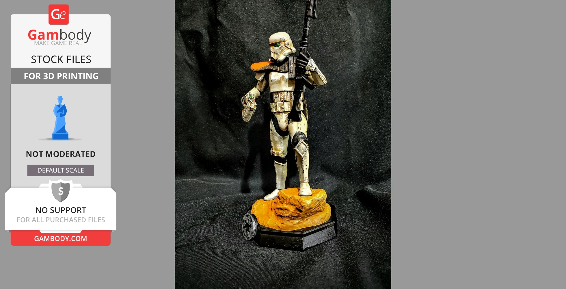 A 3D-printed sand trooper figurine with a blaster, standing on a desert-themed base.