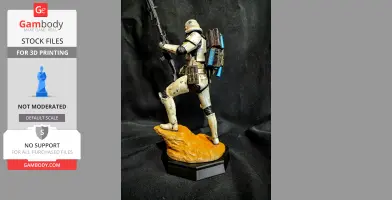 3D-printed sand trooper figurine on a rocky base, posed holding a weapon with a backpack.