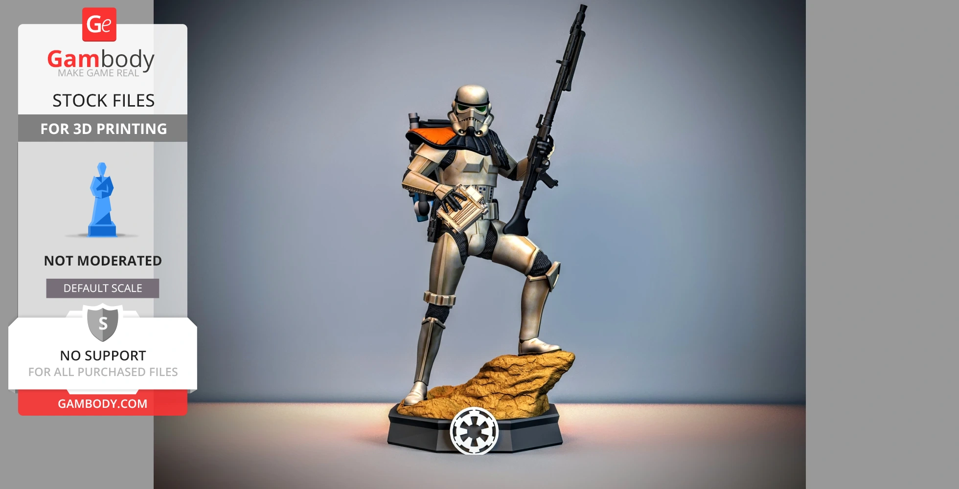 A Sand Trooper figurine stands on a rocky base, holding a blaster with detailed armor for 3D printing.