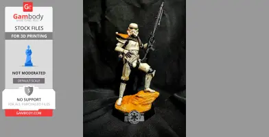 Armored trooper figurine with blaster rifle, standing on a rocky base, designed for 3D printing.