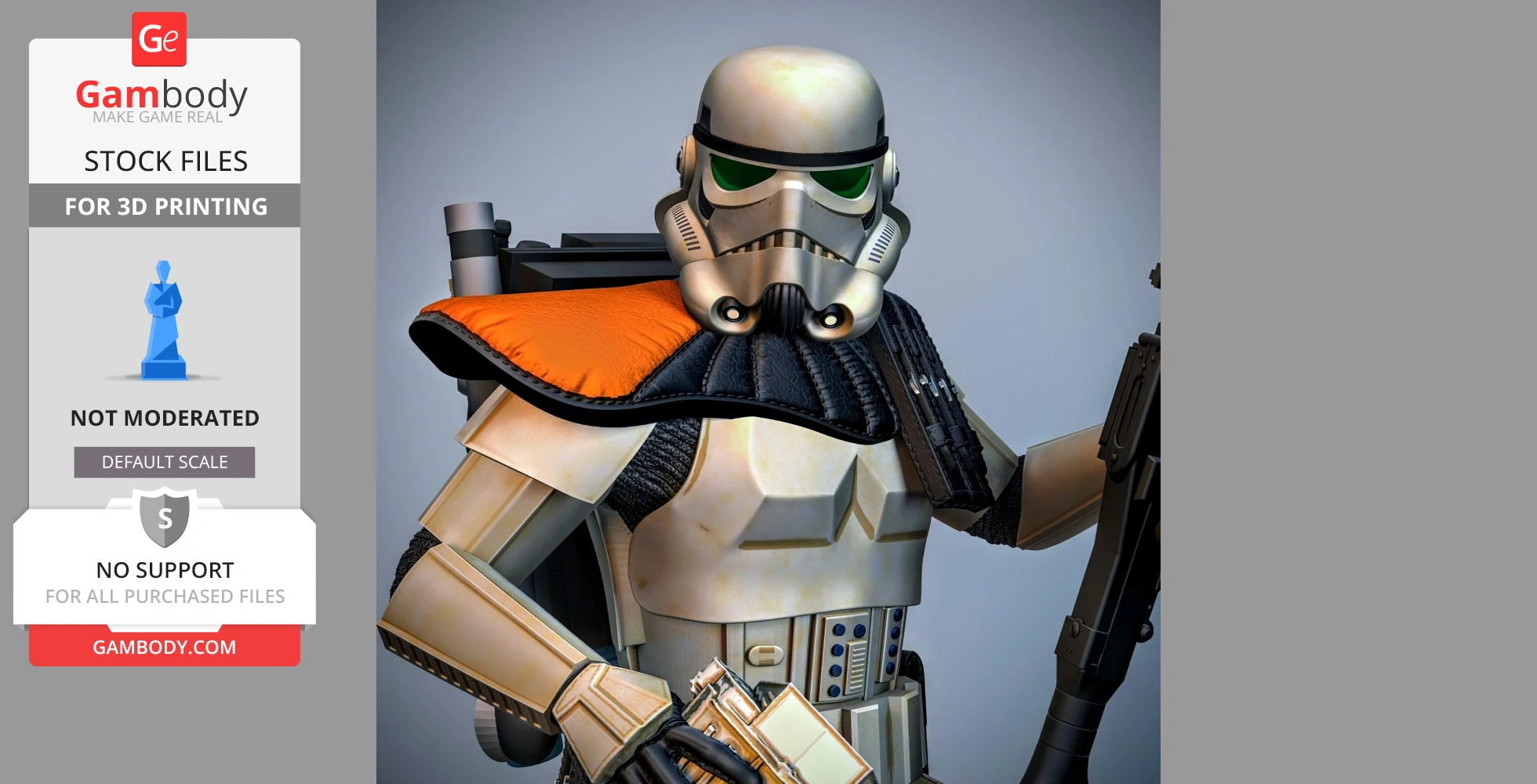 Armored soldier in white and orange armor, holding a blaster rifle, for 3D printing.