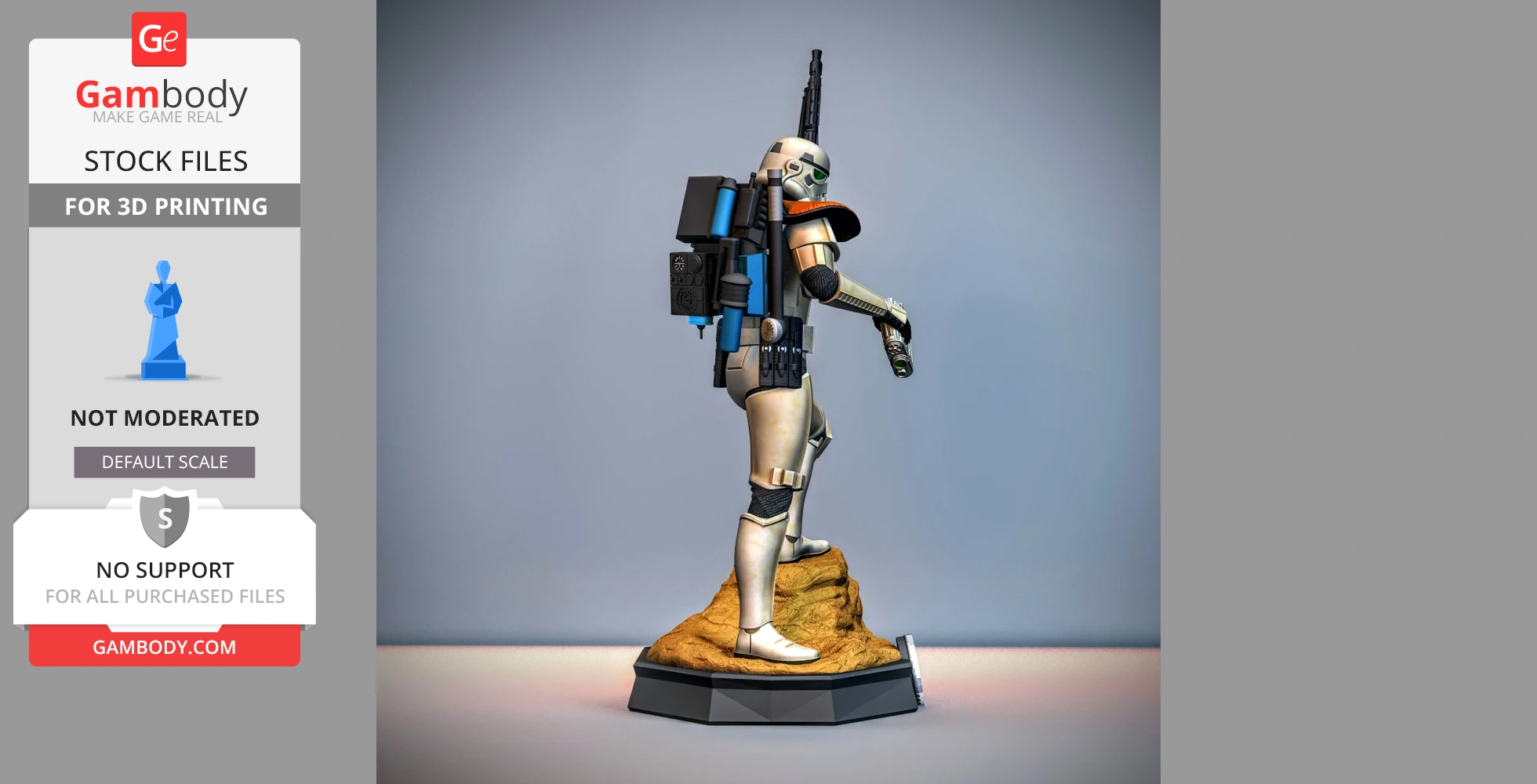 Armored figure with backpack and blaster on a rocky base, ready for 3D printing.