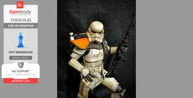 Armored figure with blaster and orange pauldron, posed dynamically against a dark background.
