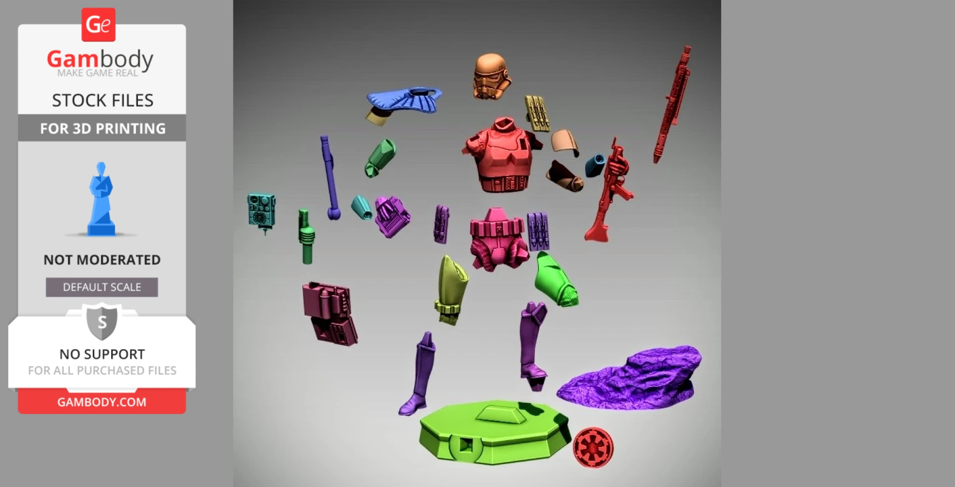 Colorful Sand Trooper figurine parts for 3D printing, including helmet, torso, limbs, and base.