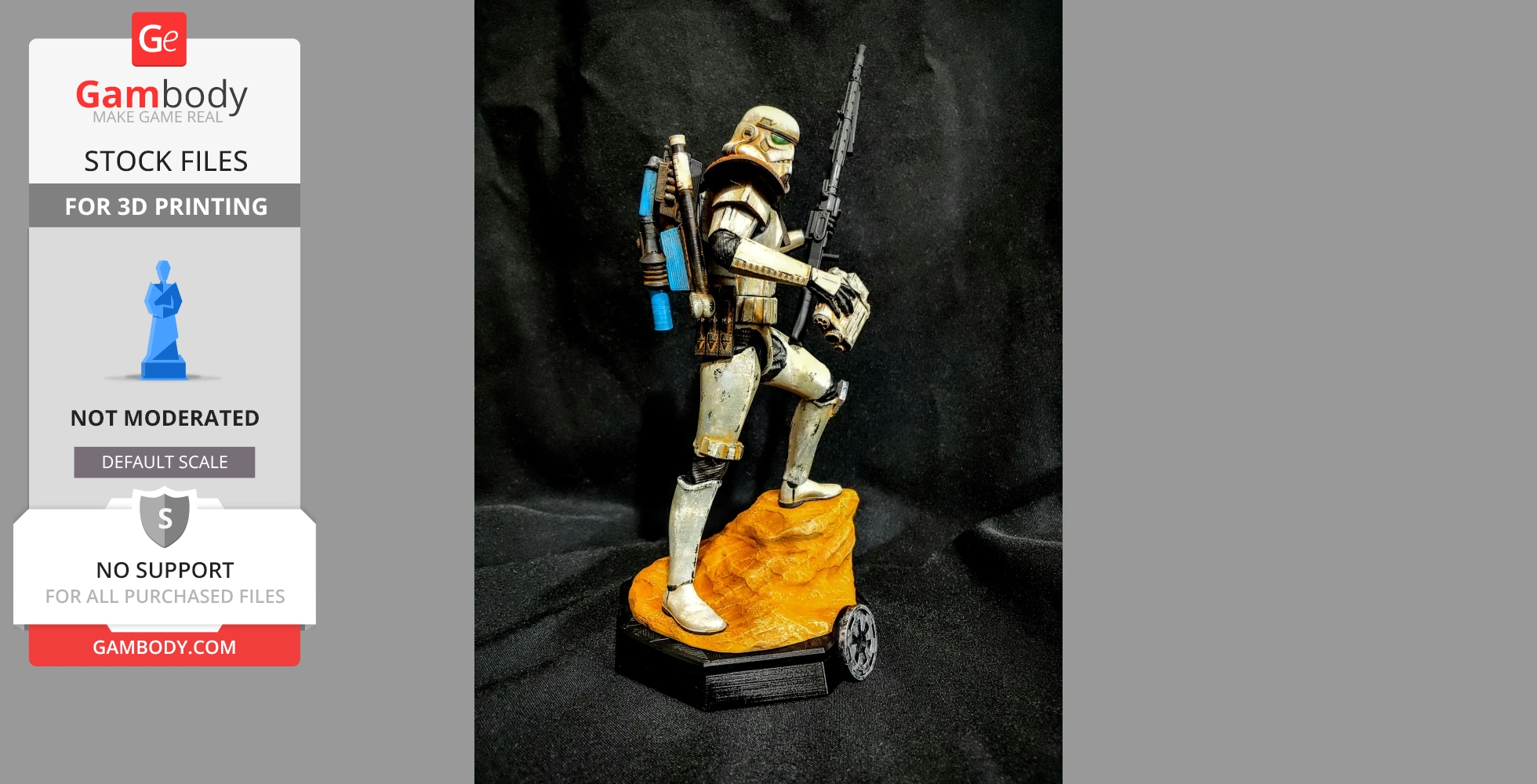 A detailed Sand Trooper figurine, in armor, stands on a rocky base, holding a blaster rifle.