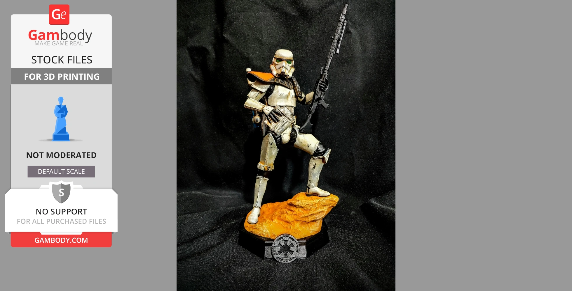 Armored trooper figurine with blaster rifle, standing on a rocky base, designed for 3D printing.