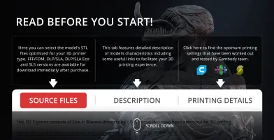 Venom bust 3D model info page with printing details and file options at Gambody.