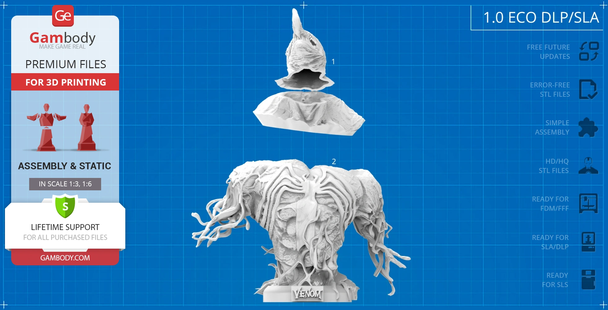 3D Venom bust model with detailed textures, shown in parts for assembly, on a blue background.