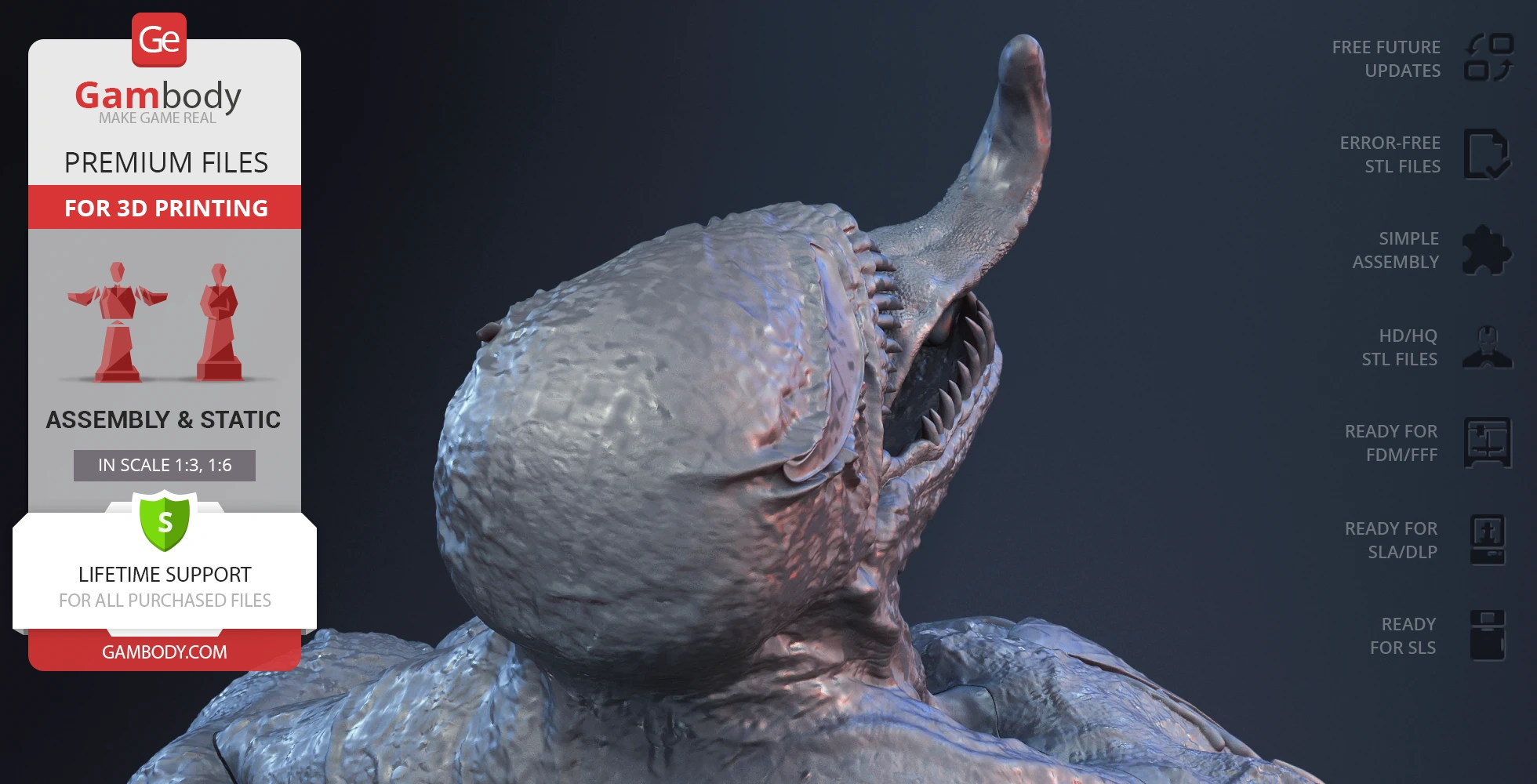 Detailed 3D model bust of a creature with textured skin and sharp teeth, ready for printing.