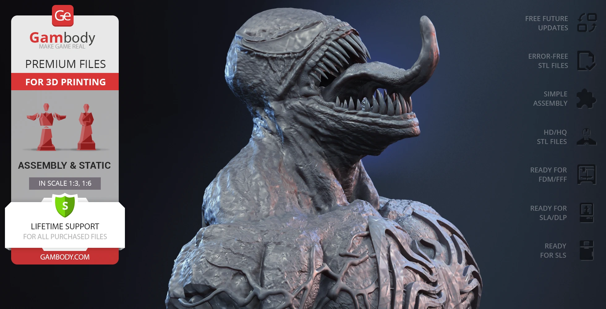 3D model of a menacing, textured bust with sharp teeth and tongue extended, designed for 3D printing.