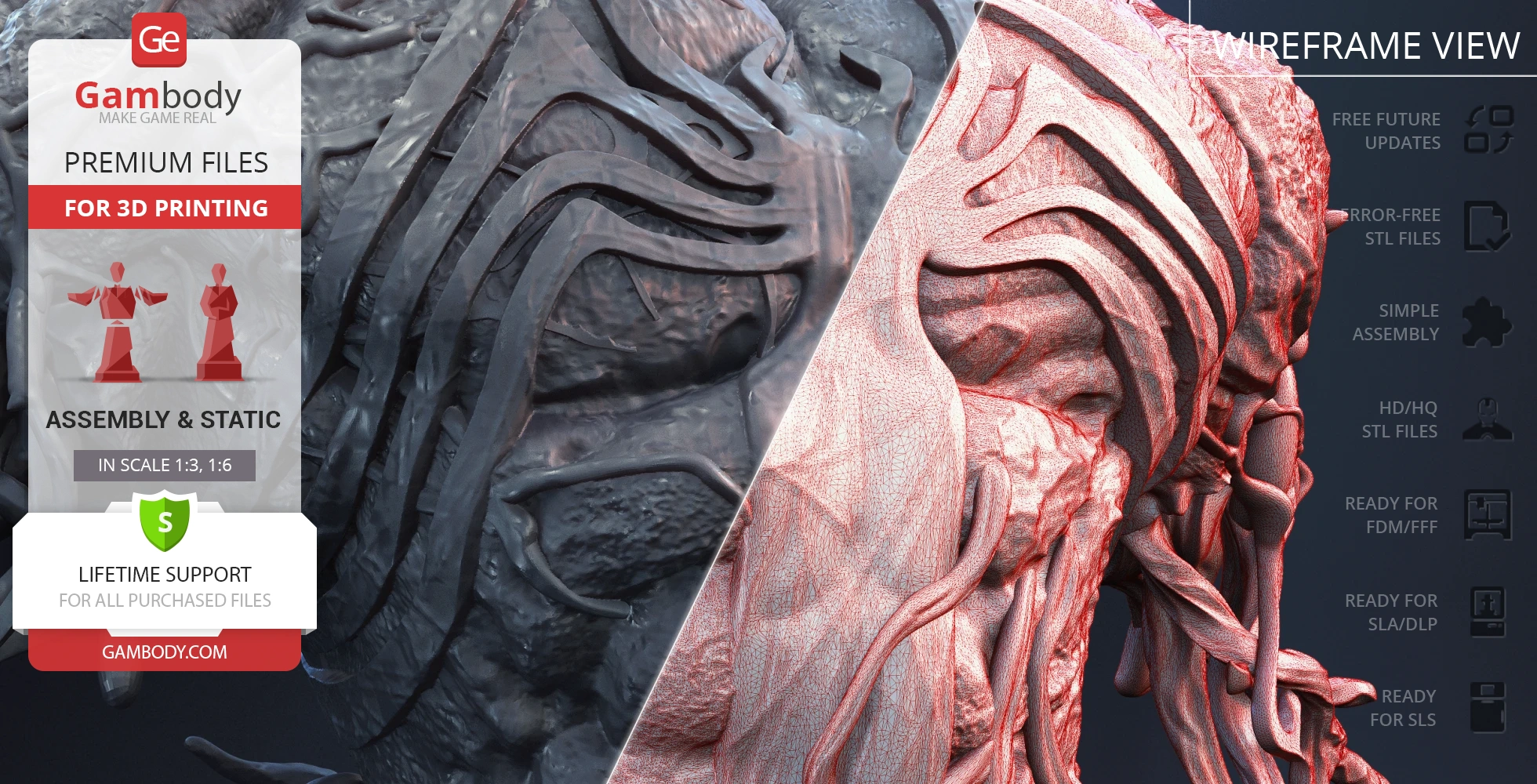 3D Venom bust model with intricate details, showcasing a textured and wireframe view for 3D printing.