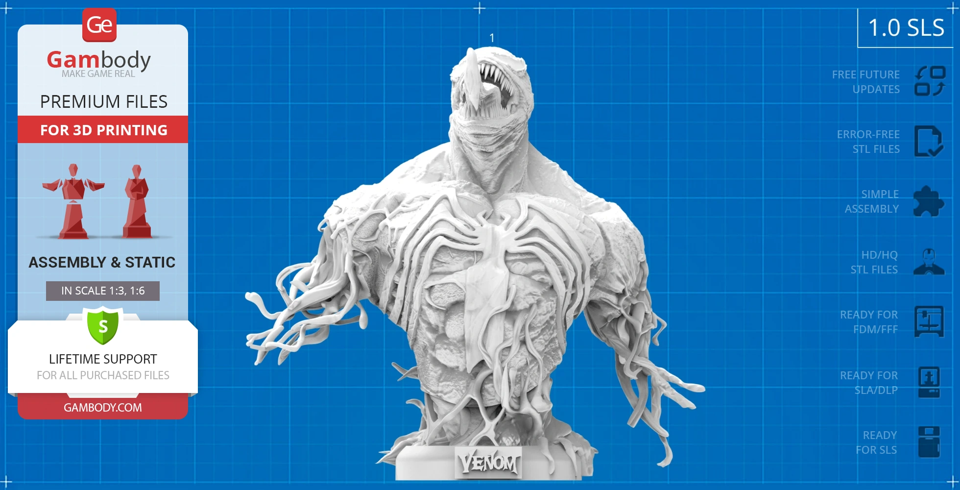 Detailed 3D bust of a monstrous creature with exposed muscles and sharp teeth on a display base labeled 'Venom'.