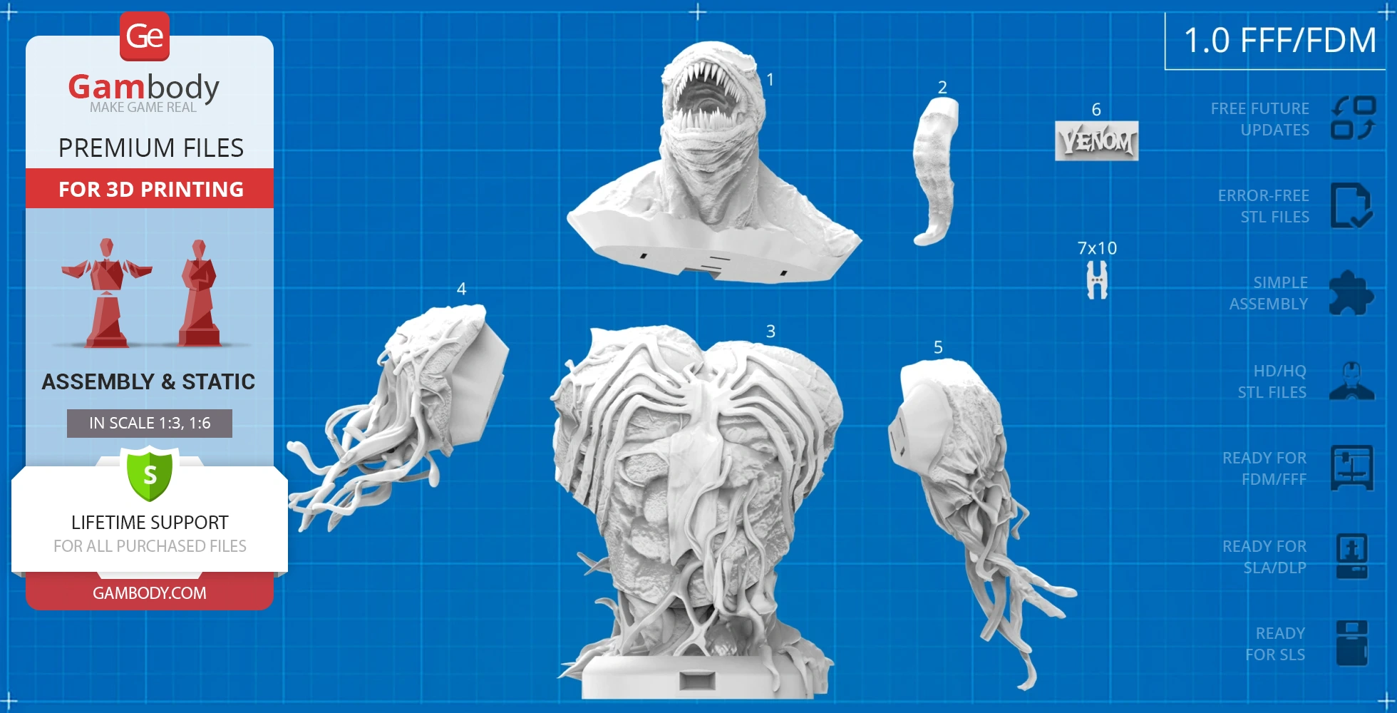 A detailed Venom bust with various detachable parts for 3D printing, displayed on a blueprint background.