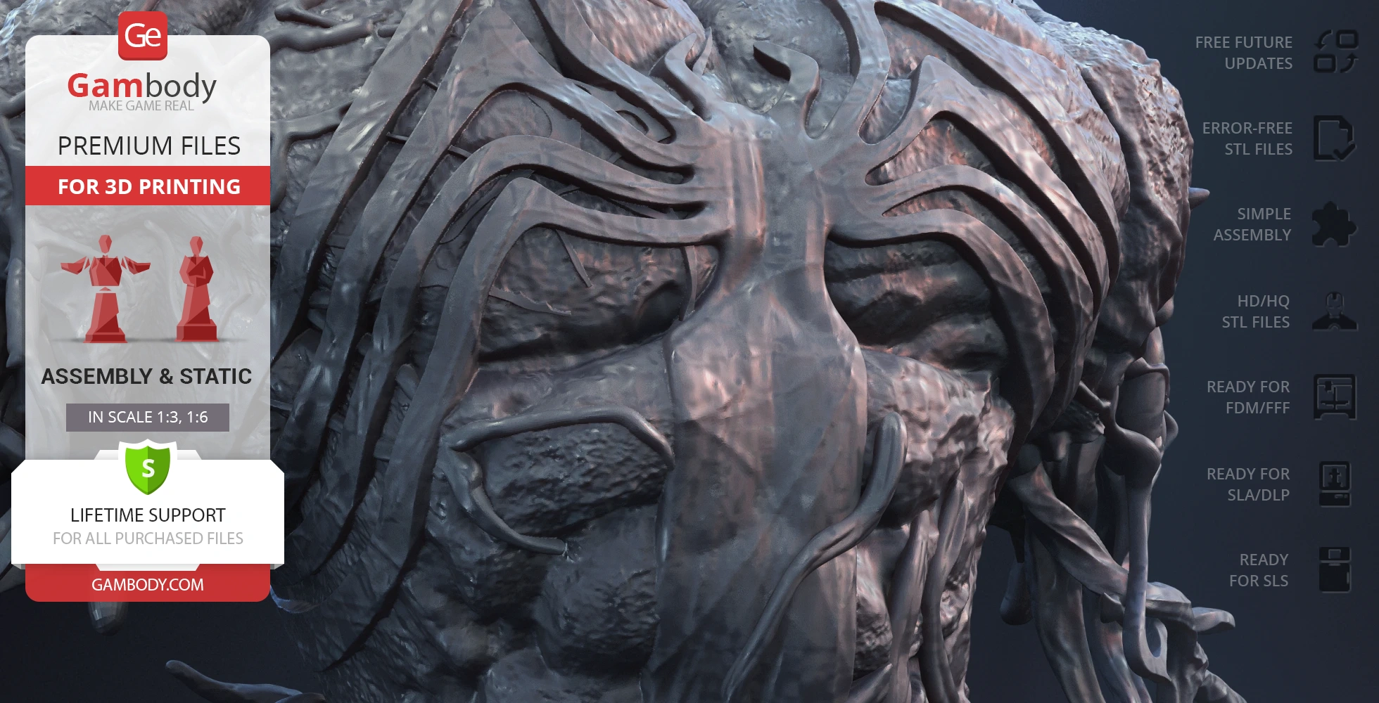 Close-up of a detailed Venom bust for 3D printing, showcasing textured symbiote patterns.