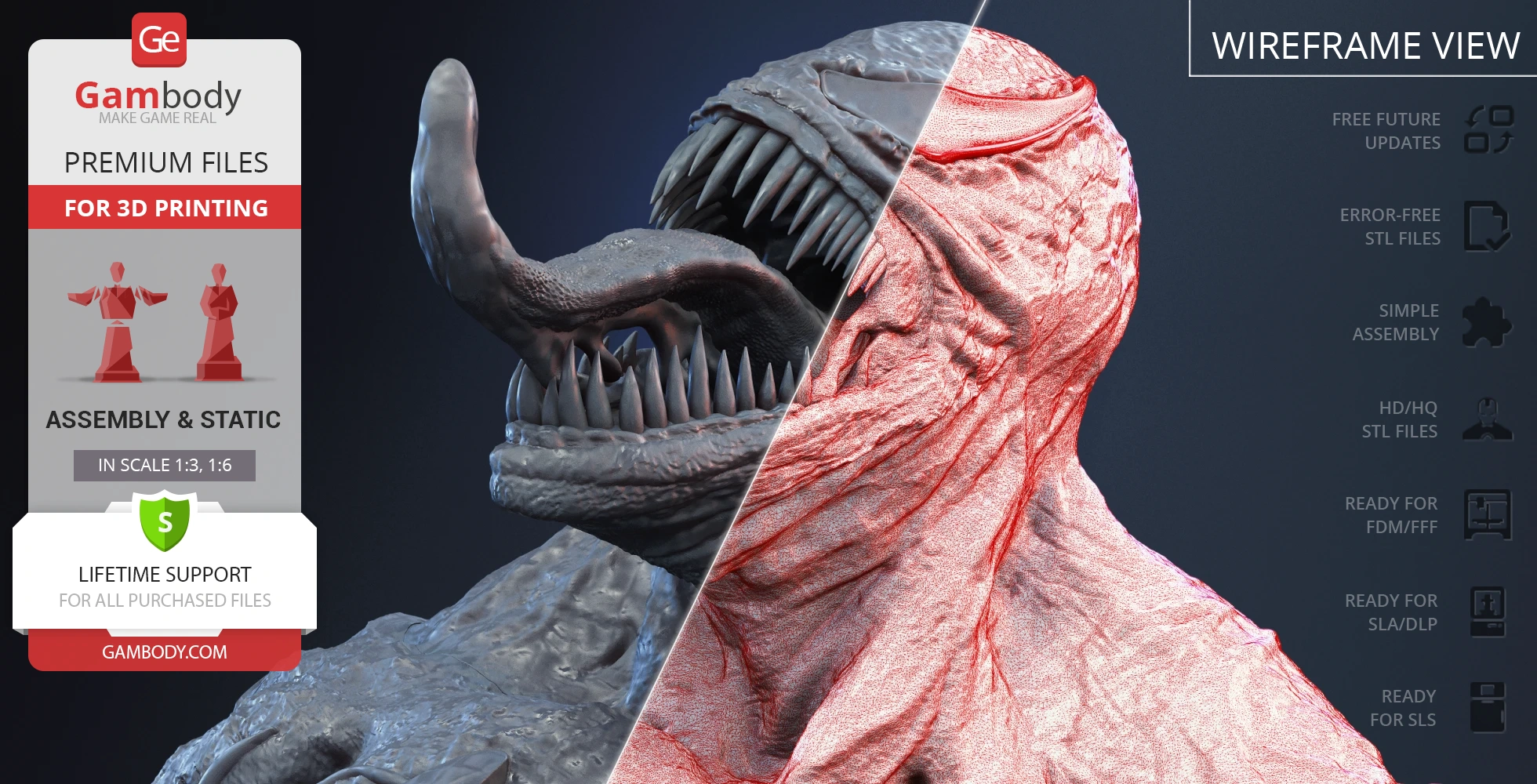 3D model of a Venom bust with sharp teeth and detailed textures, shown with a wireframe view.
