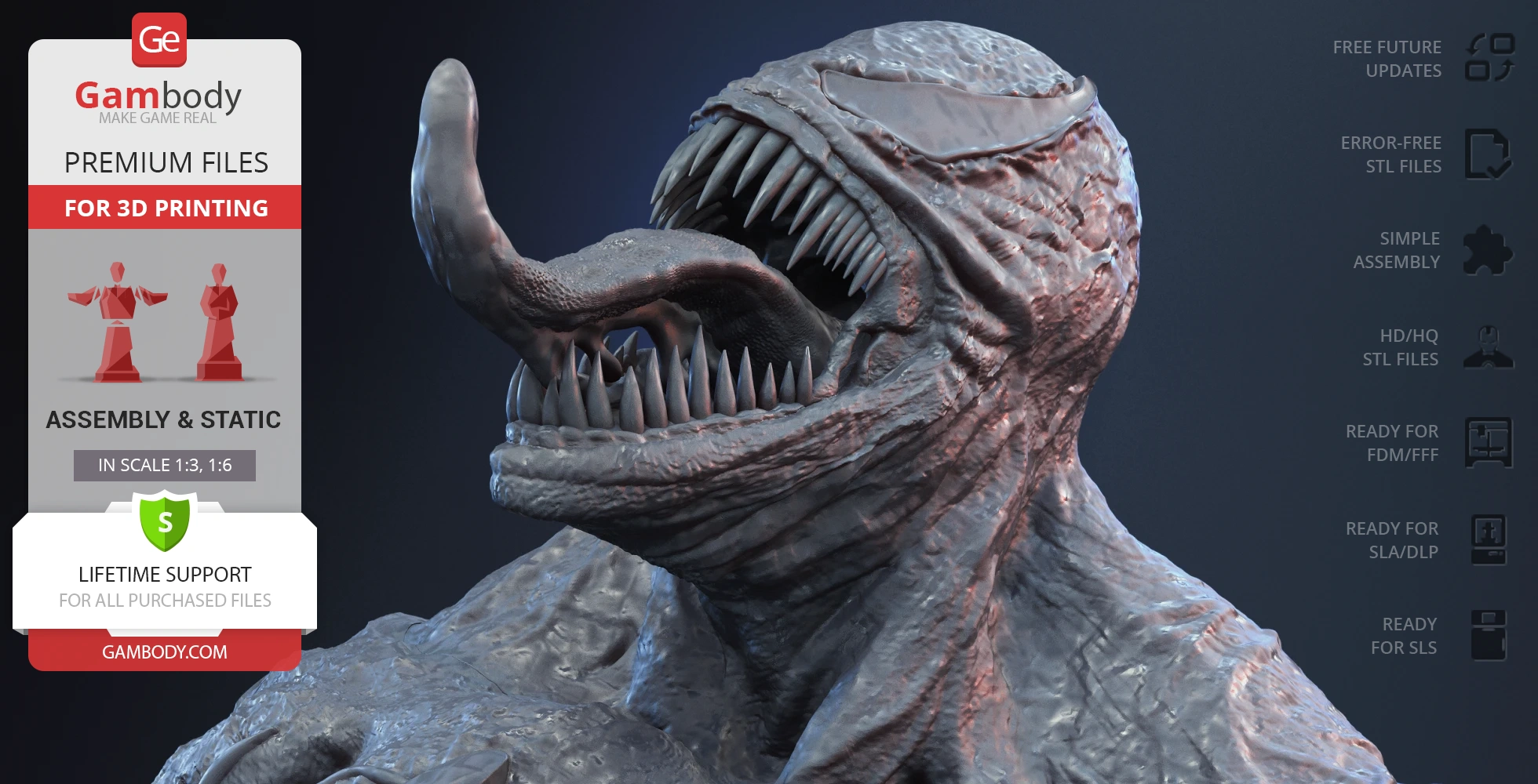 3D model of a detailed Venom bust with open mouth and sharp teeth, ready for 3D printing.