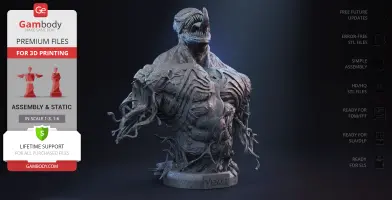 A highly detailed 3D bust of a muscular creature with sharp teeth and tendrils, labeled “Venom.”