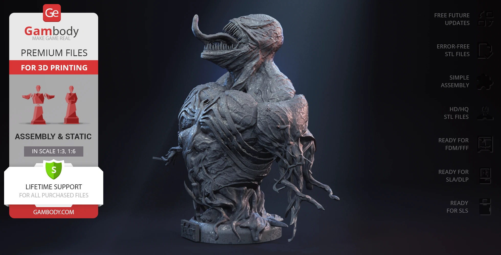 A detailed Venom bust 3D model with extended tongue, muscular build, and symbiote textures on a flat base.