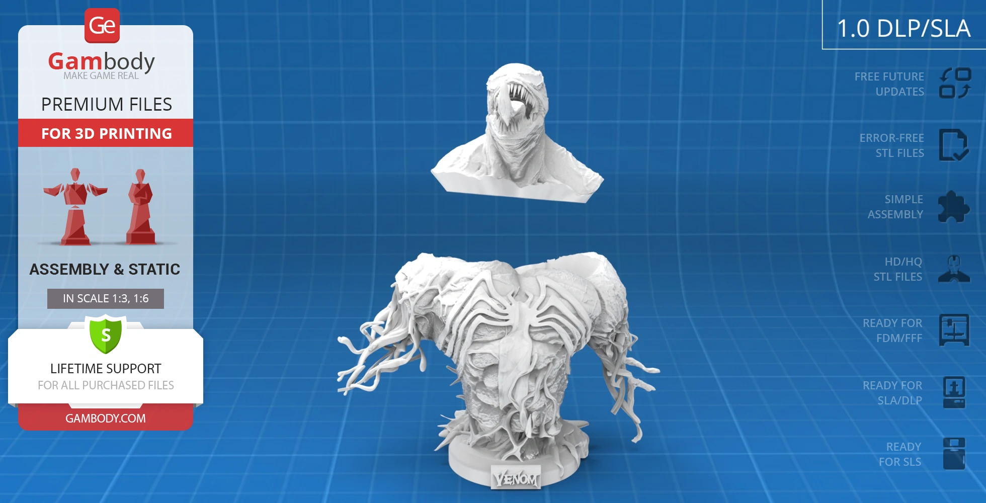 A detailed 3D model of Venom's bust from Gambody, showing the upper body and head with intricate textures.