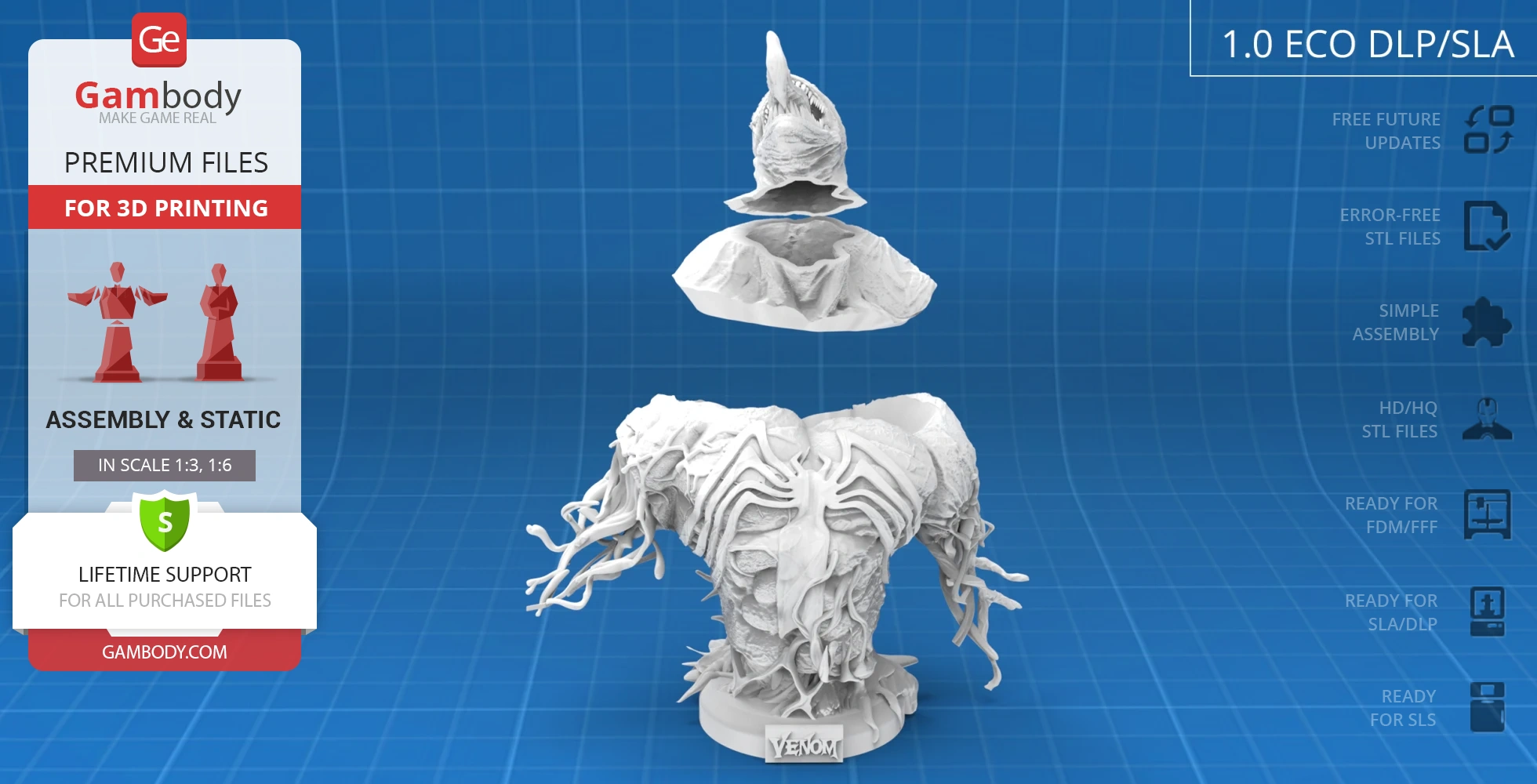 3D printable Venom bust model with detailed texture, shown in segmented parts for assembly.