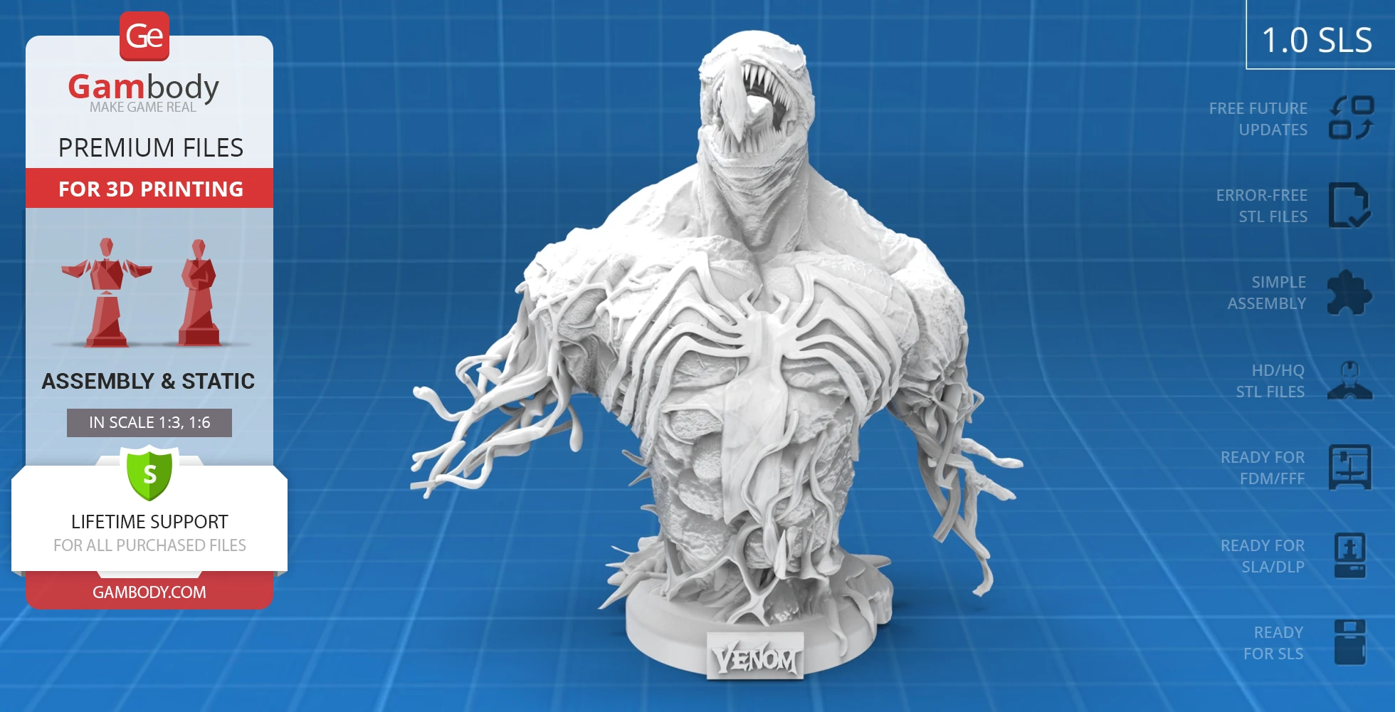 A detailed bust of a fictional creature with sharp teeth and tendrils, labeled 'Venom' on a stand.