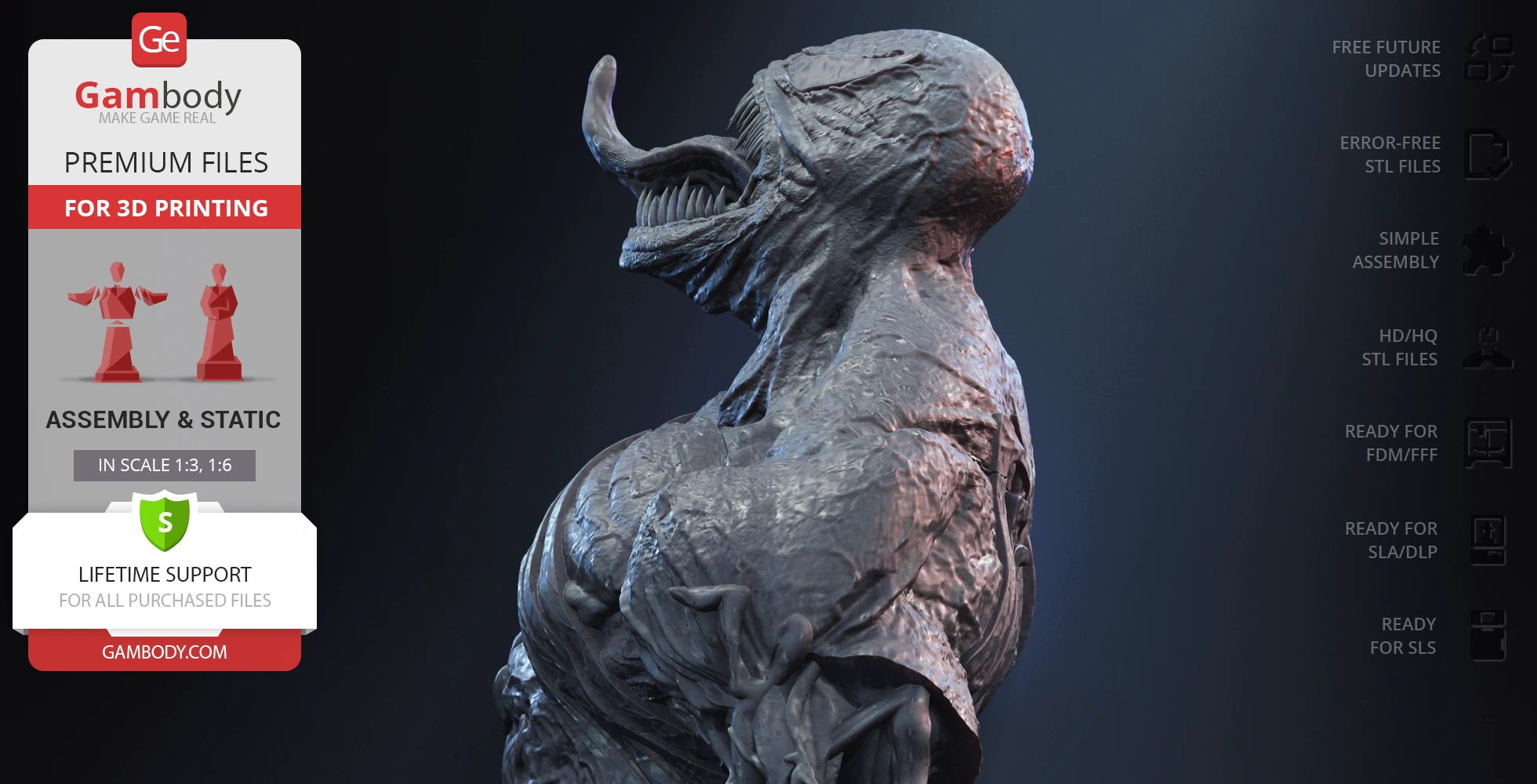 A highly detailed bust of Venom with textured surface, ready for 3D printing.