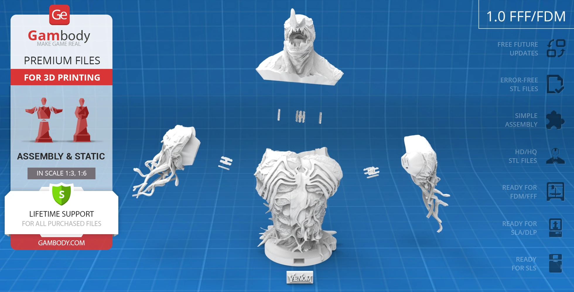 Venom bust 3D model displayed in parts for assembly, featuring detailed textures and a menacing expression.