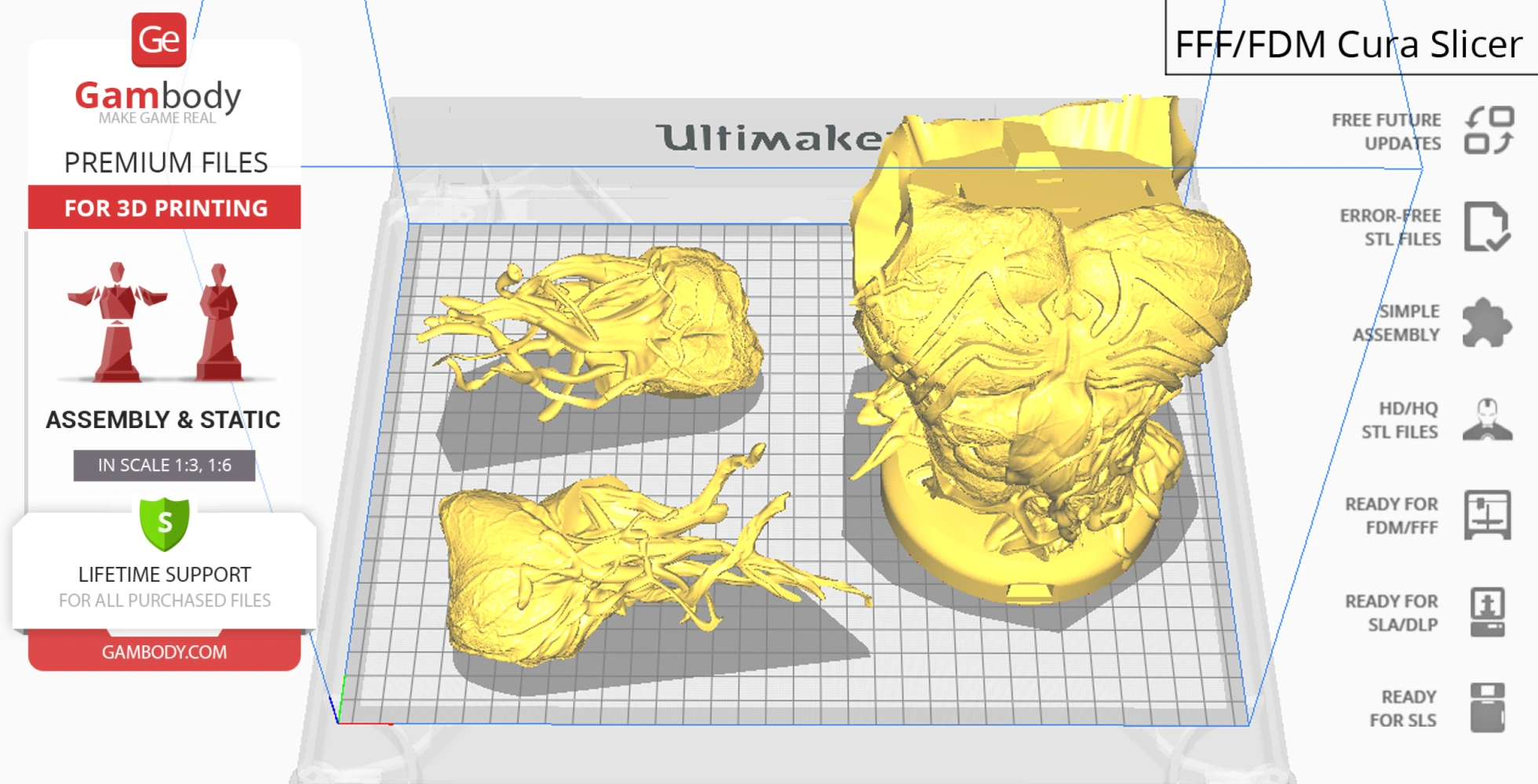 3D model of Venom bust in Cura slicer, prepared for printing, showing assembly parts.