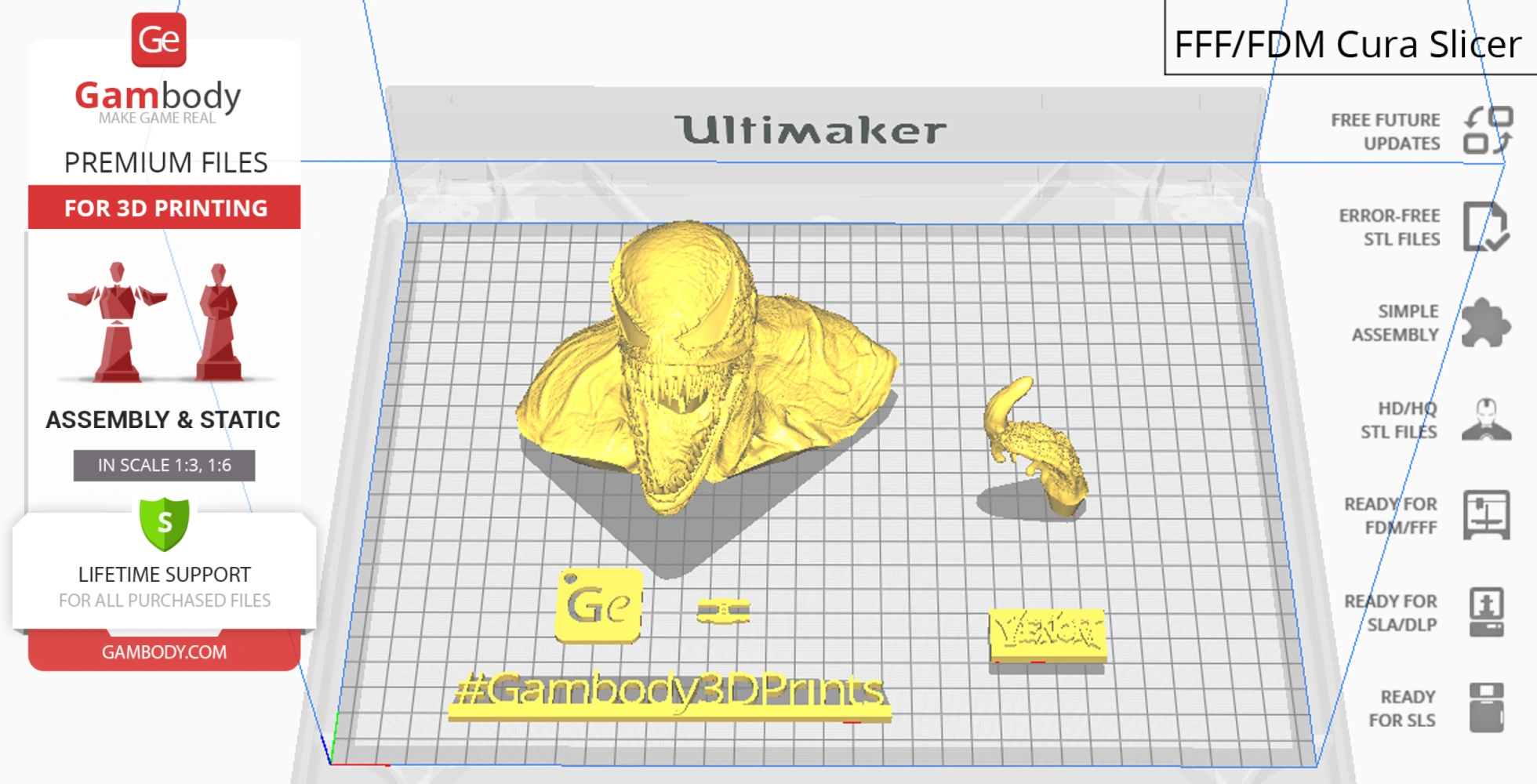 3D model of a Venom bust displayed in Cura slicer software for 3D printing readiness.