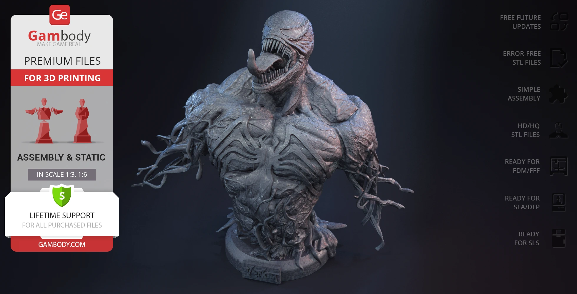 A detailed 3D bust of a muscular creature with sharp teeth and tendrils, intended for 3D printing.