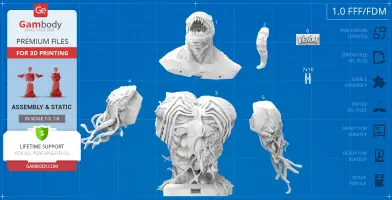 A detailed Venom bust with various detachable parts for 3D printing, displayed on a blueprint background.