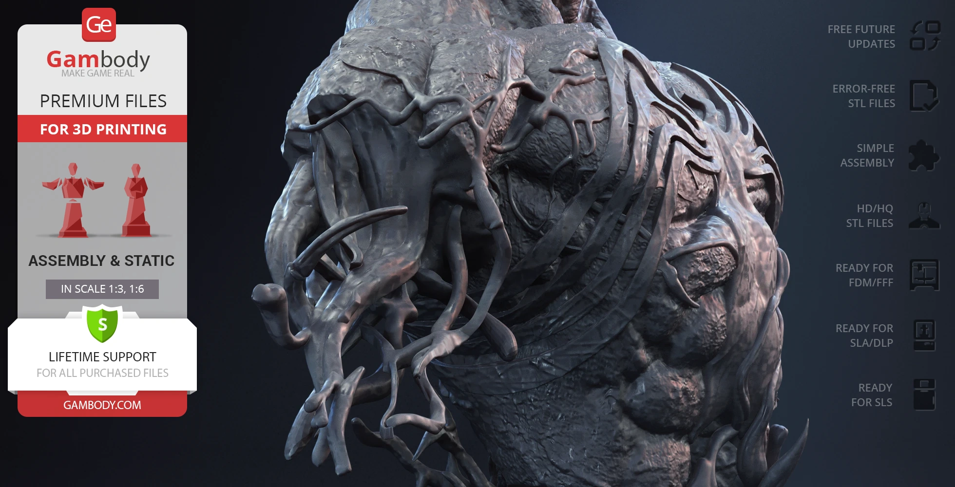 A detailed Venom bust 3D model with tendrils, showing intricate texture and structure for 3D printing.