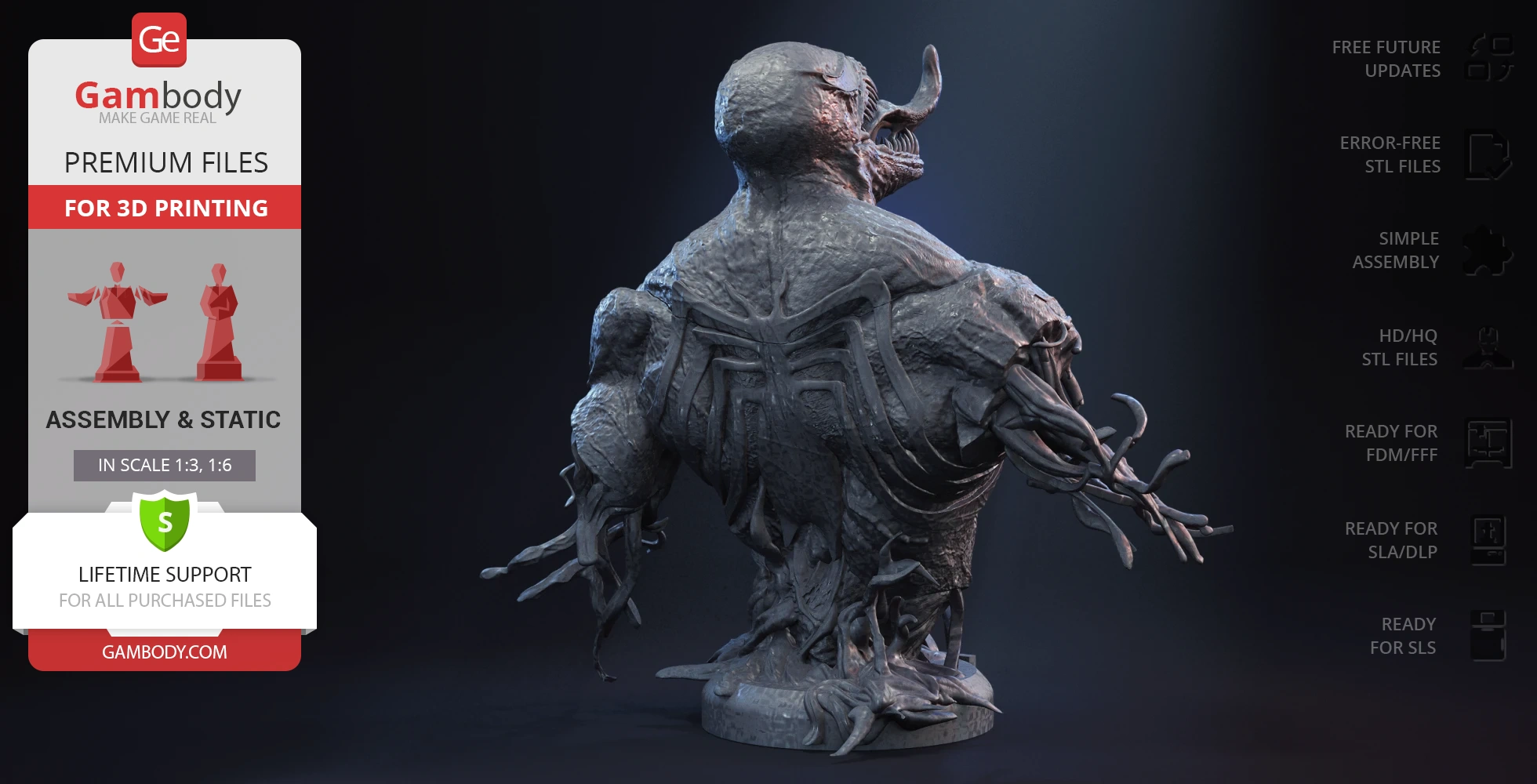 A detailed 3D model of a menacing creature bust with tendrils, ready for 3D printing.