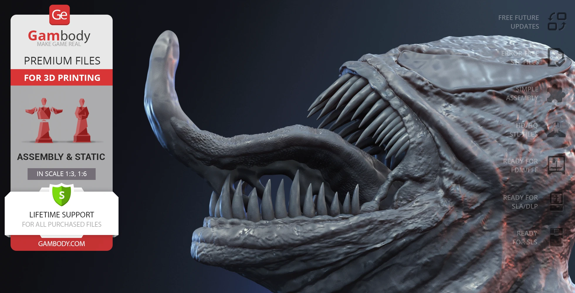 Close-up of a detailed 3D Venom bust with sharp teeth and extended tongue, ready for 3D printing.
