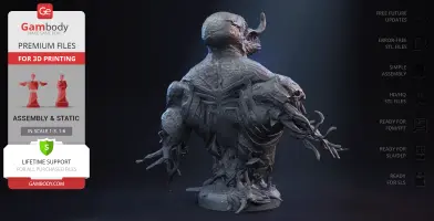 A detailed 3D model of a menacing creature bust with tendrils, ready for 3D printing.