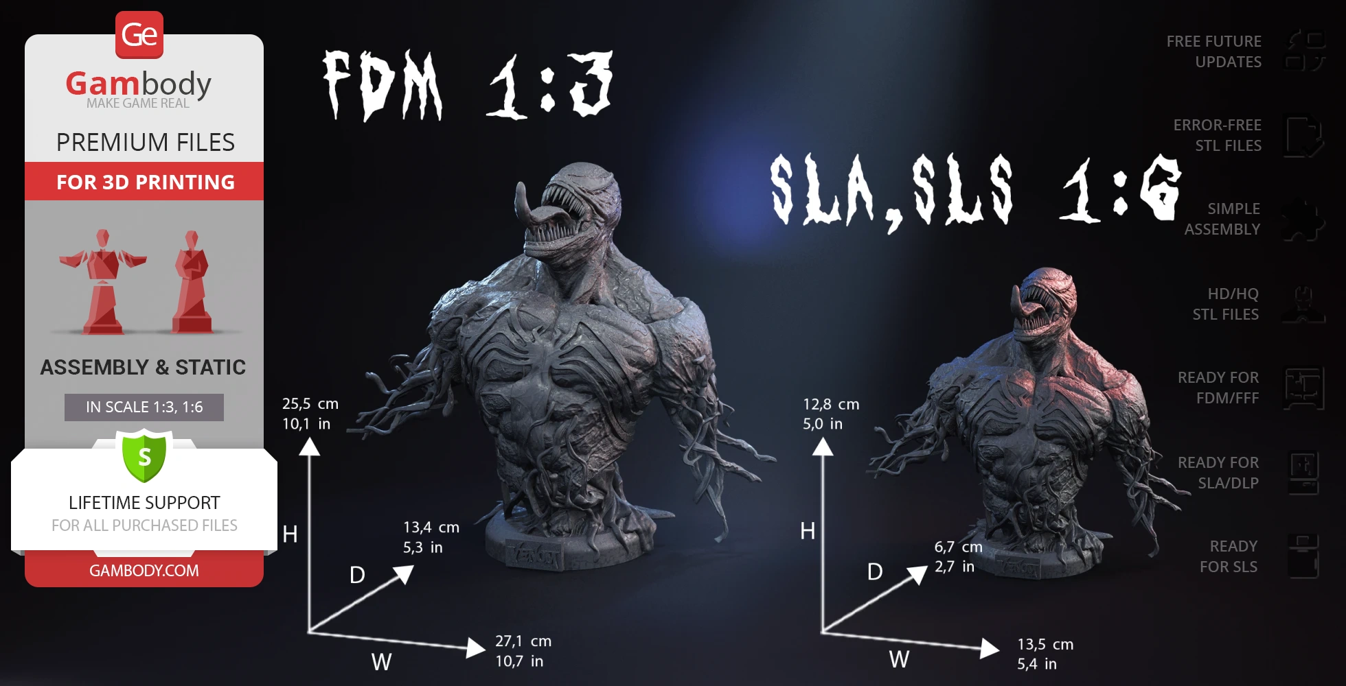 Detailed Venom bust model for 3D printing in two scales, featuring intricate textures and organic patterns.