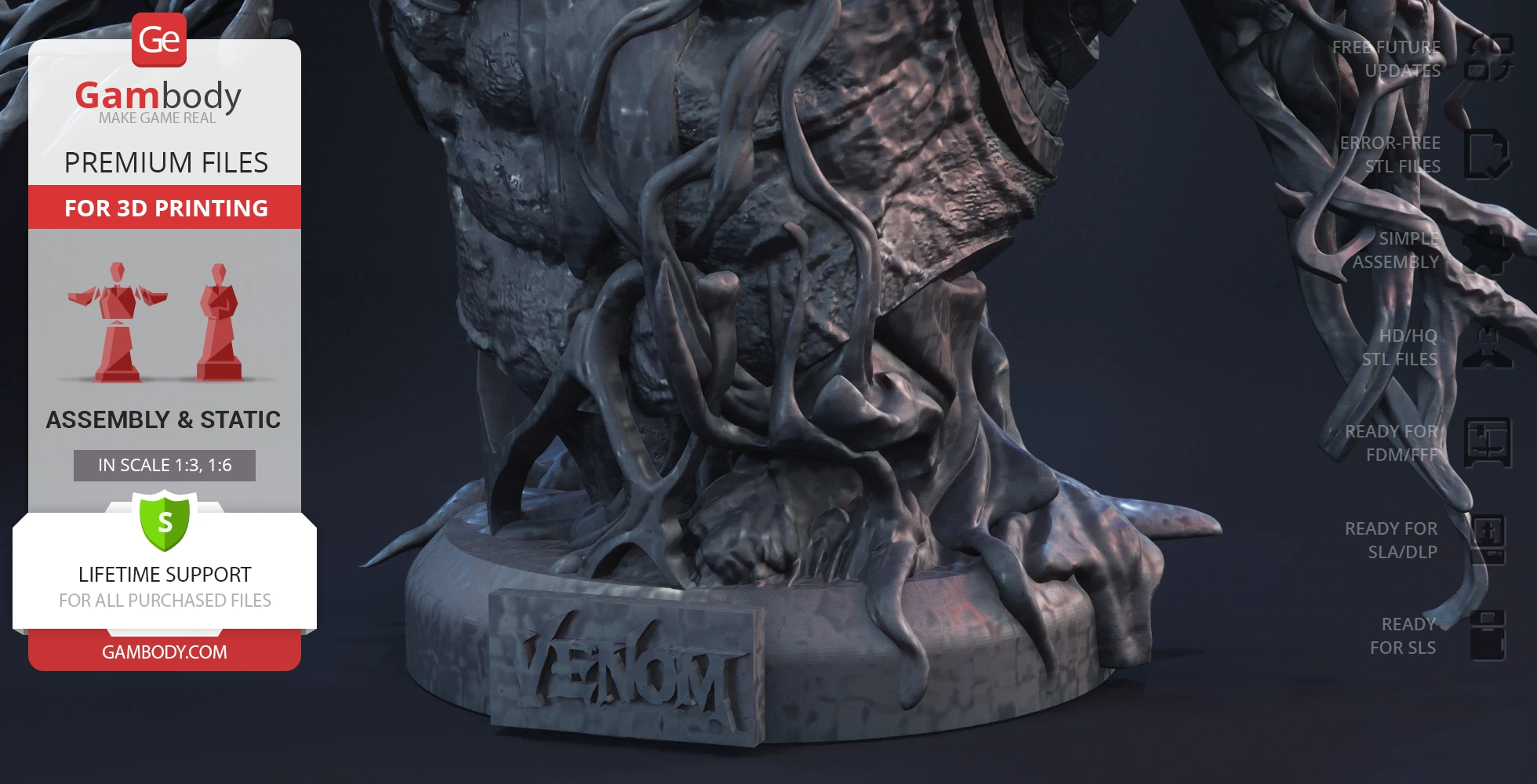 Venom bust with tendrils on a display base featuring the 'Venom' nameplate, ready for 3D printing.