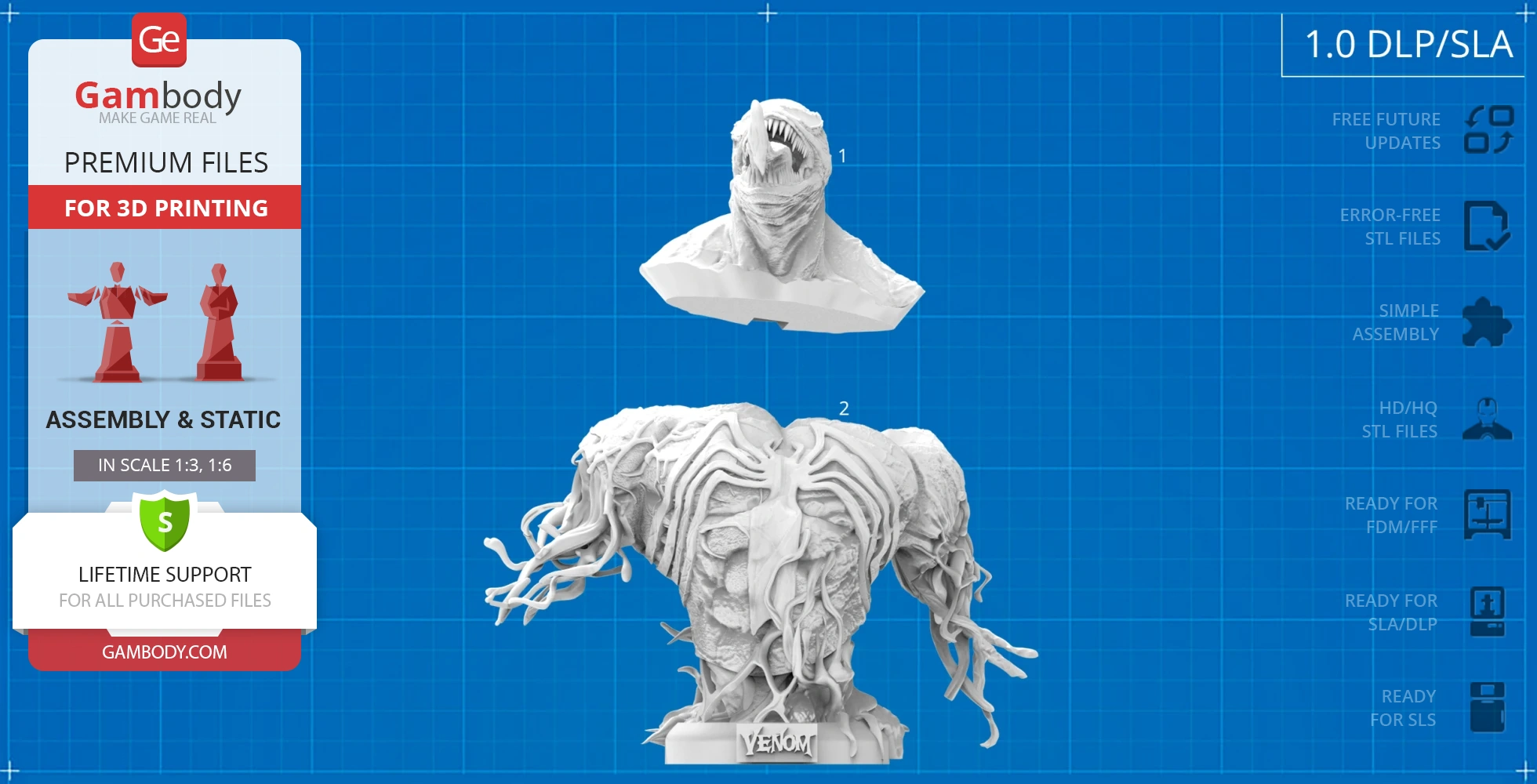 3D printed Venom bust with textured details, featuring the character's head and chest on a blue grid background.