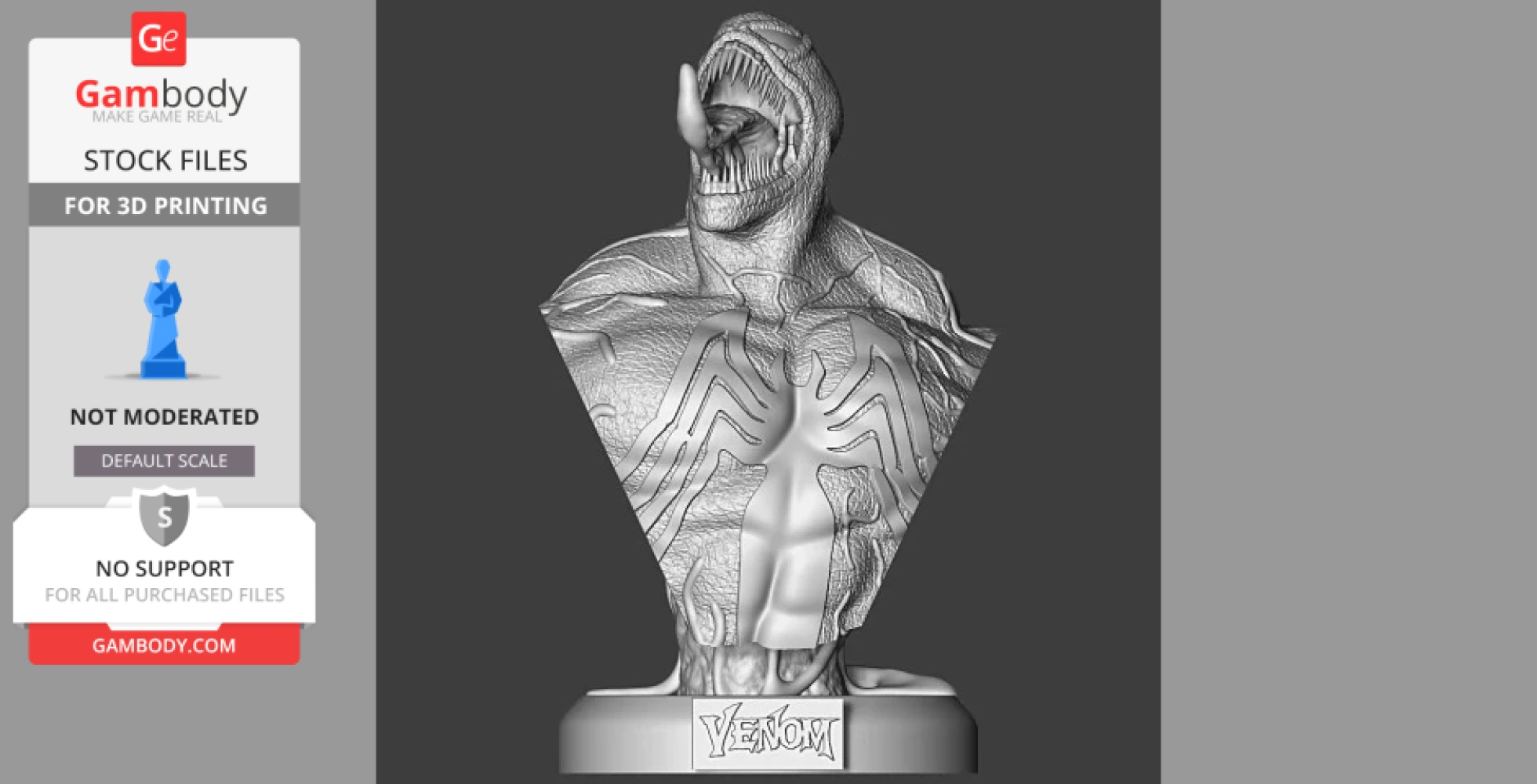 A detailed 3D bust of Venom featuring sharp teeth and iconic spider emblem on the chest.