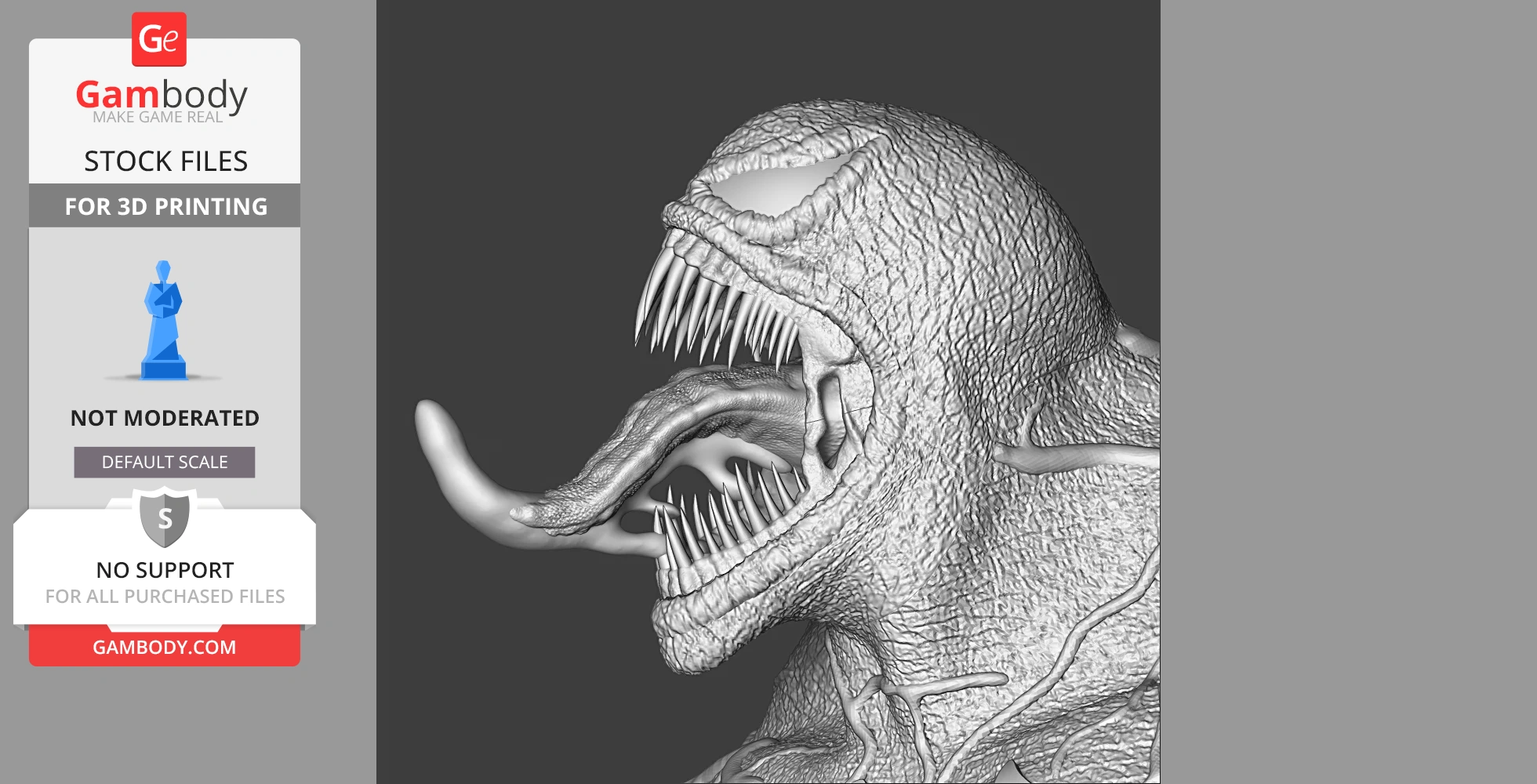 3D model of a detailed Venom bust, showing an open mouth with sharp teeth and tongue, designed for 3D printing.