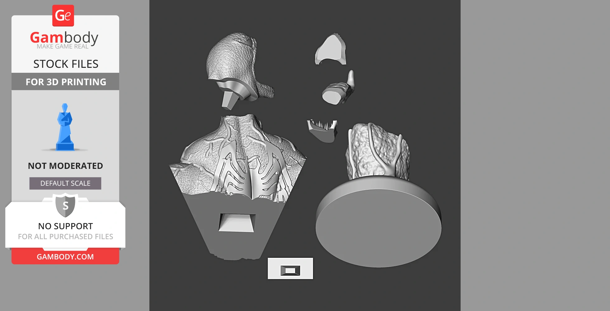 Venom bust 3D model parts, showing a detailed head and torso, arranged for printing assembly.