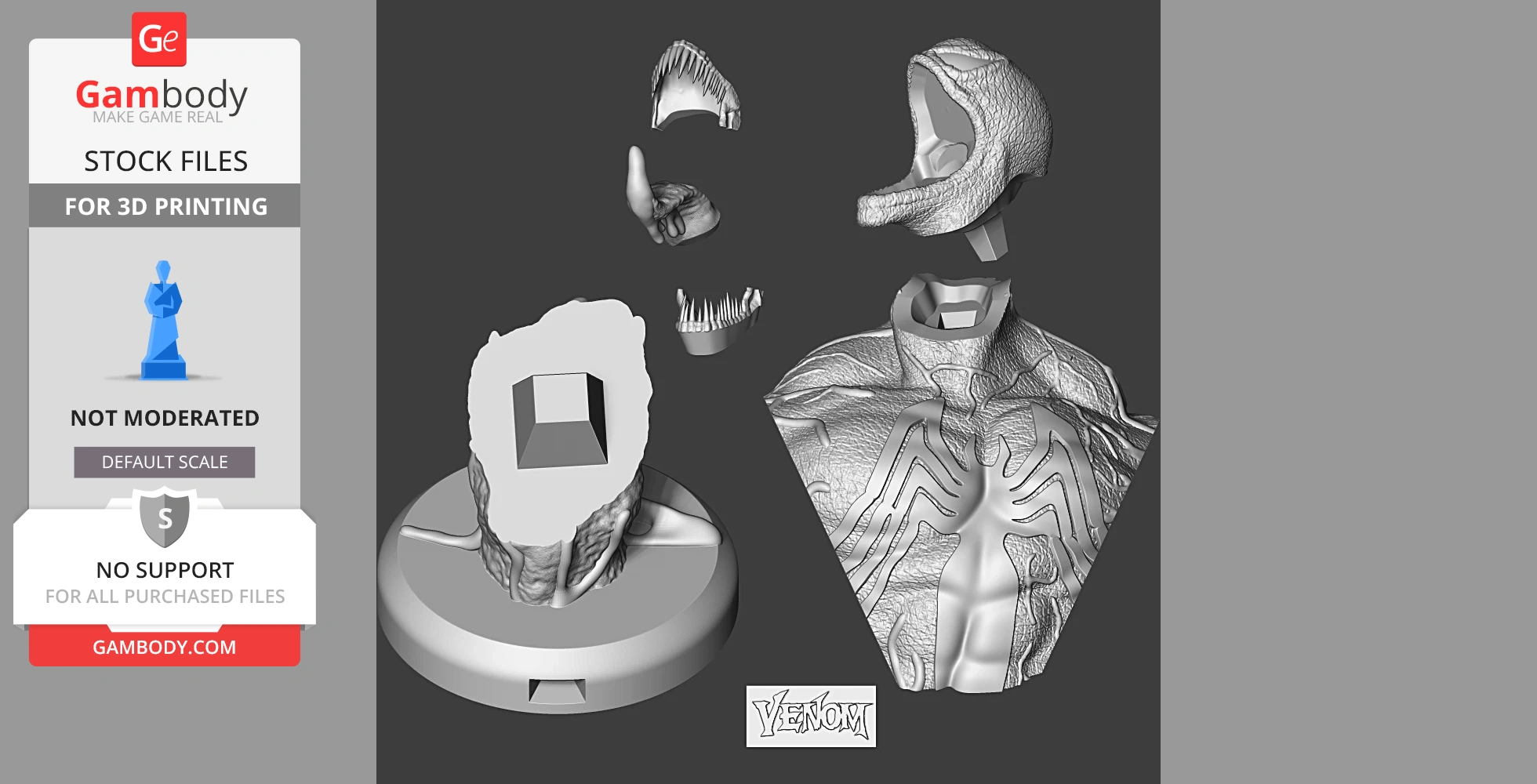 3D printing files of a Venom bust, showing disassembled parts including head, torso, and base.