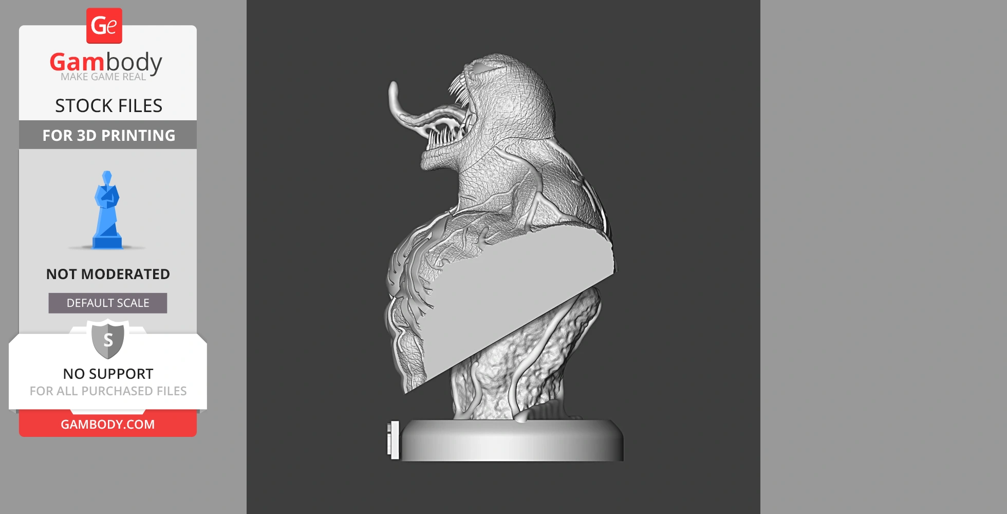 Venom bust 3D model with detailed texture and open mouth, side view, ready for printing.