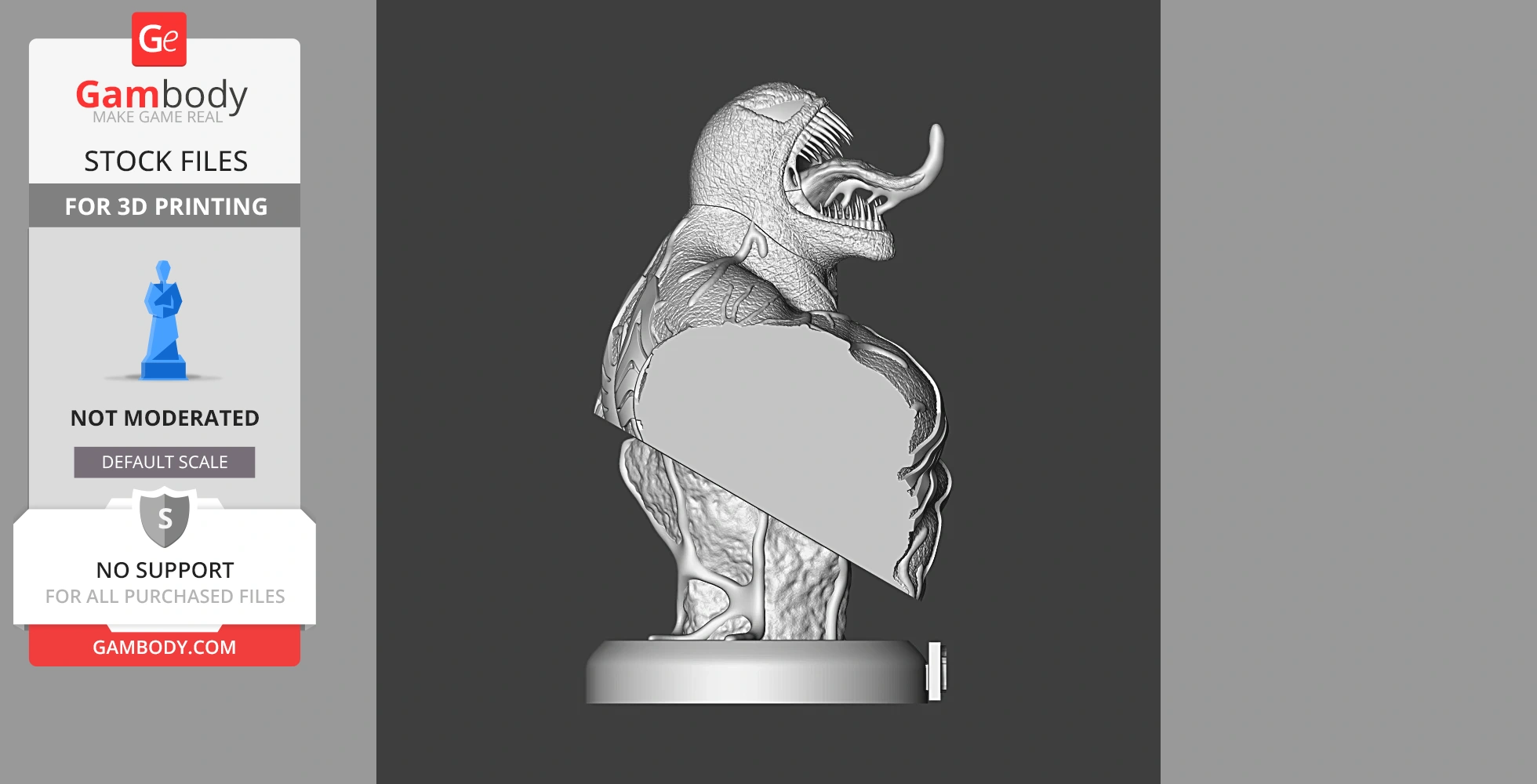 A detailed 3D bust model of a creature with sharp teeth and a long tongue, designed for 3D printing.